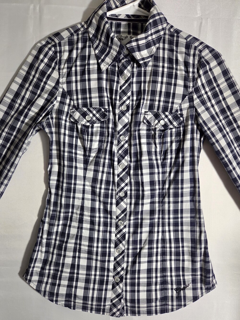 Guess Woman's Navy and White Plaid Button-Down Shirt. Sz S